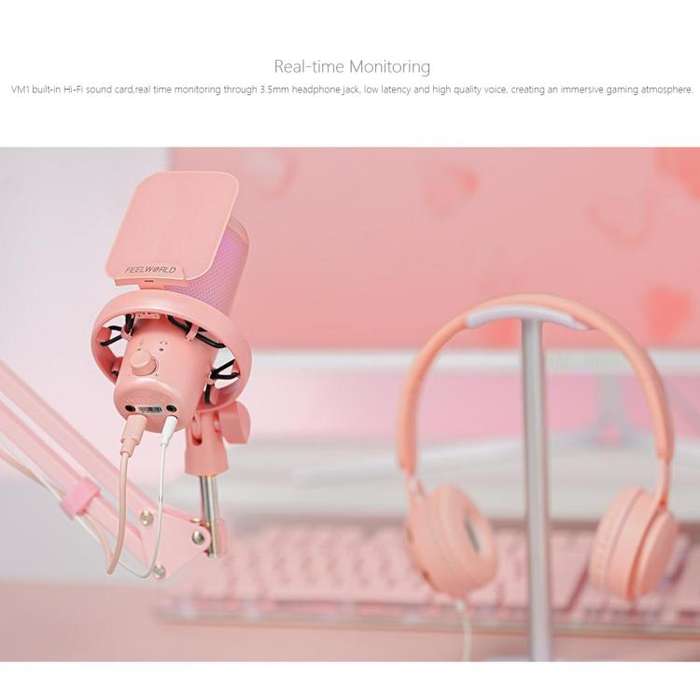 FEELWORLD VM1 USB Condenser Gaming Microphone for Streaming Noise Cancellation Mute RGB Light Boo...