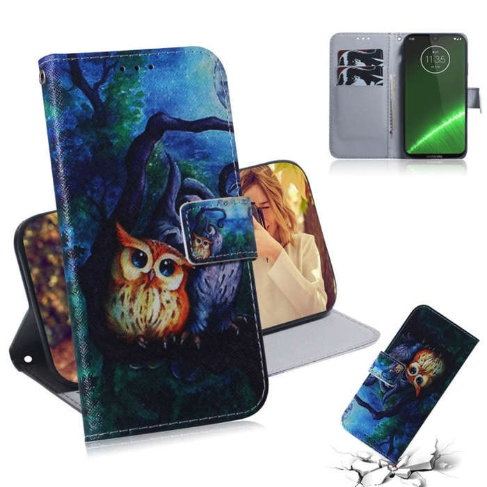 Oil Painting Owl Pattern Coloured Drawing Horizontal Flip Leather Case for Motorola Moto G7 / Mot...