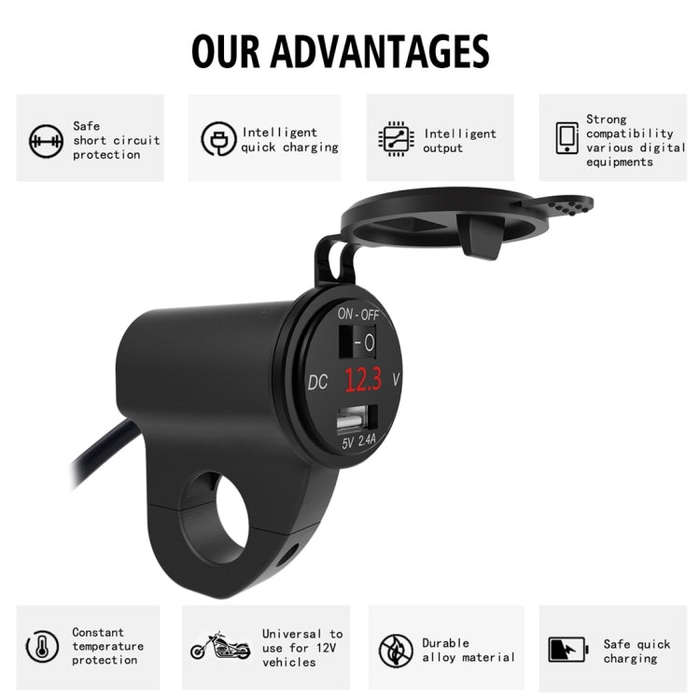 ZH-975B1 Motorcycle Aluminum Alloy Waterproof Mobile Phone Single USB Charger with Red Voltmeter(...