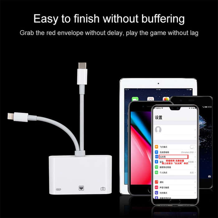 NK-107 Pro 3 in 1 USB-C / Type-C + 8 Pin Male to USB + RJ45 + 8 Pin Charging Female Interface Ada...