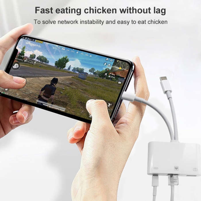 NK-107 Pro 3 in 1 USB-C / Type-C + 8 Pin Male to USB + RJ45 + 8 Pin Charging Female Interface Ada...