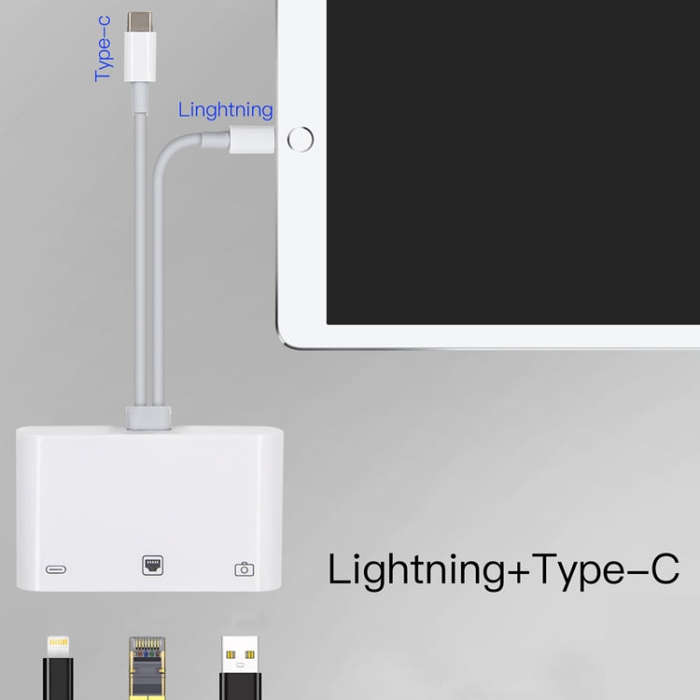 NK-107 Pro 3 in 1 USB-C / Type-C + 8 Pin Male to USB + RJ45 + 8 Pin Charging Female Interface Ada...