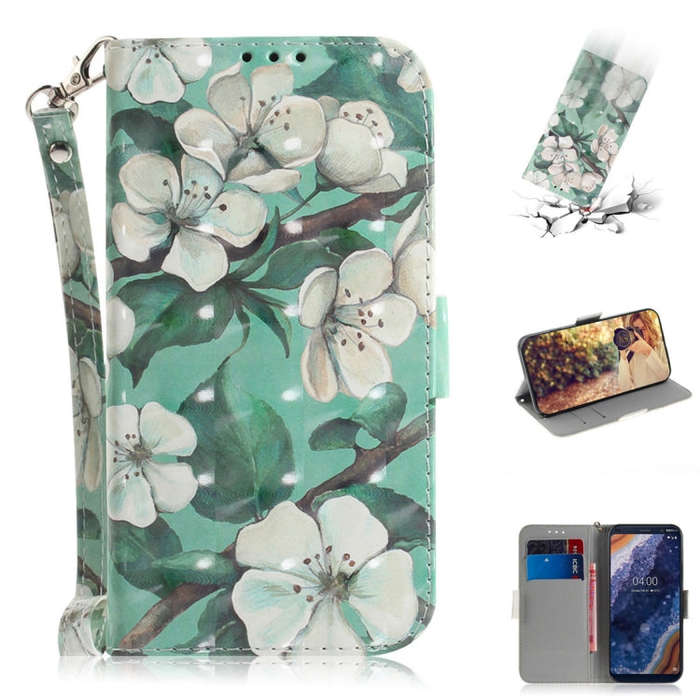 3D Colored Drawing Watercolor Flower Pattern Horizontal Flip Leather Case for Nokia 9, with Holde...