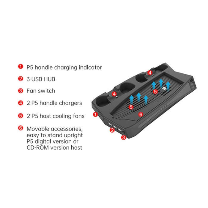 KJH P5-010 Vertical Charging Stand With Cooling Fan For PS5 De / UHD