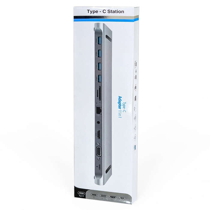 AD-059 11 in 1 USB-C / Type-C to 4K HDMI + VGA + SD / TF Card Slot + Gigabit Ethernet + 3.5mm AUX...