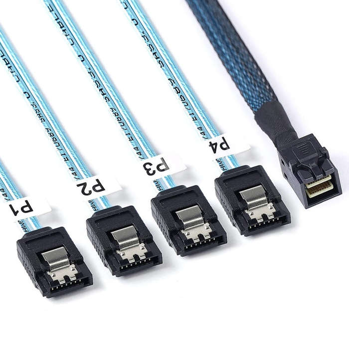 Mini SAS SFF-8643 Host to 7-Pin 4 SATA Target Hard Disk 6Gbps Data Server Raid Cable, Length: 1m