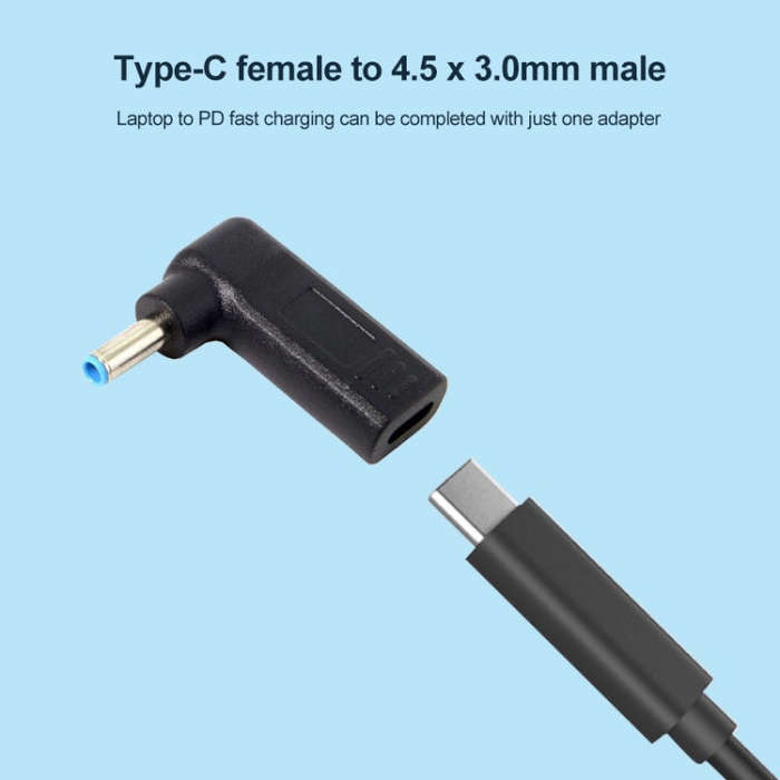 USB-C / Type-C Female to 4.5 x 3.0mm Male Plug Elbow Adapter Connector (Black)