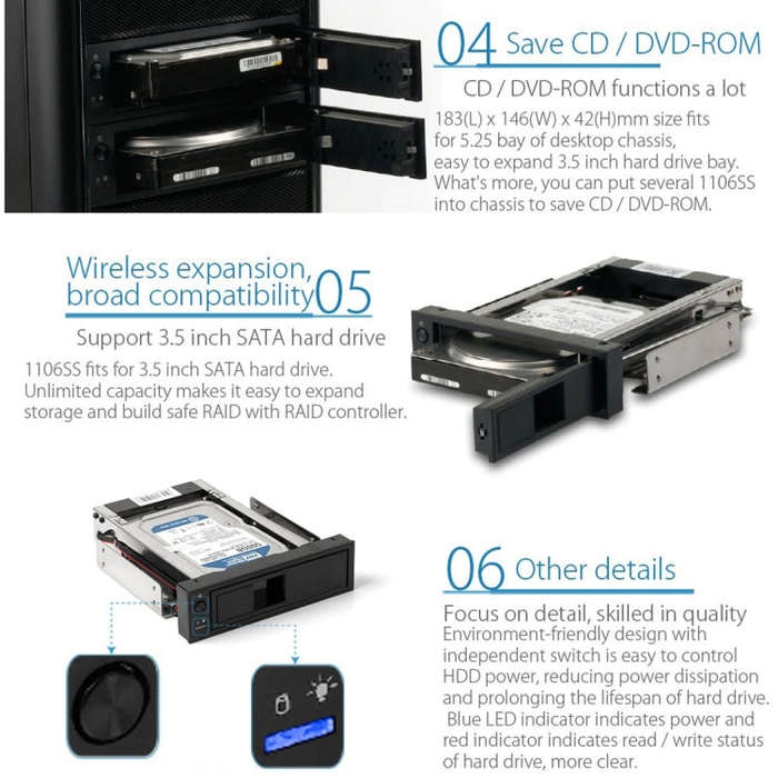 ORICO 1106SS CD-ROM Space HDD Mobile Rack Internal 3.5 inch HDD Convertor Enclosure(Black)