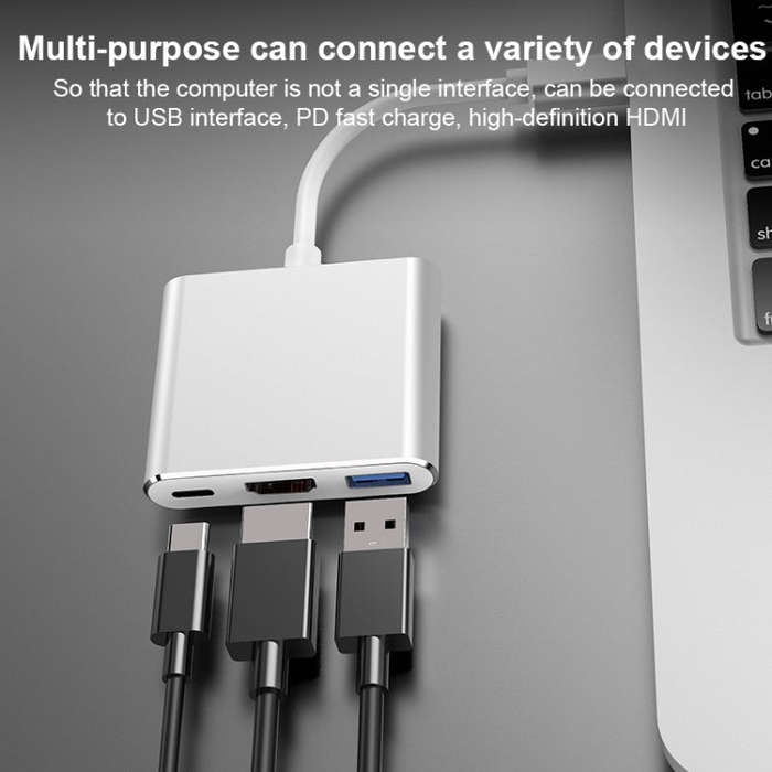 V125 UCB-C / Type-C Male to PD +  HDMI + USB 3.0 Female 3 in 1 Converter(Silver)