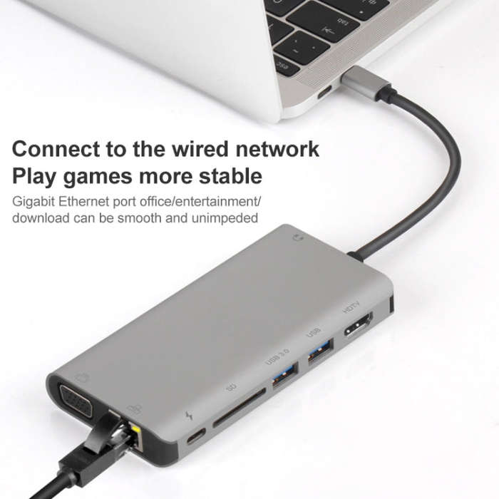 Onten 9591BD 8 in 1 USB-C / Type-C to PD USB-C / Type-C Charging + 100M Ethernet Port + Dual USB ...