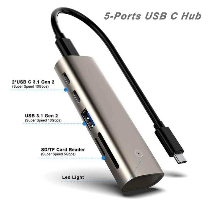 Rocketek HC463 USB3.1 Gen2  to Type-C 3.1 + USB 3.1 + SD / TF 6 in 1 HUB Adapter