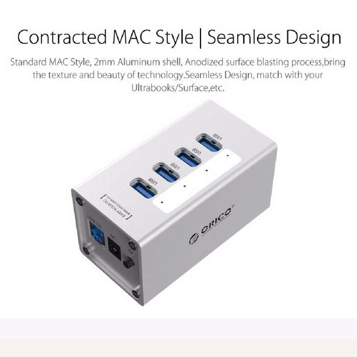 ORICO A3H4 Aluminum High Speed 4 Ports USB 3.0 HUB with 12V/2.5A Power Supply for Laptops(Silver)