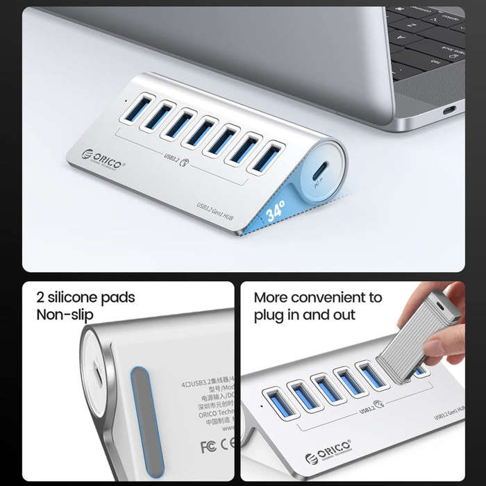ORICO M3U7 Aluminum Alloy 7-Port USB 3.2 Gen1 5Gbps HUB with 0.5m Cable(Silver)