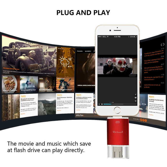 Richwell 3 in 1 16G Type-C + 8 Pin + USB 3.0 Metal Double Cover Push-pull Flash Disk with OTG Fun...