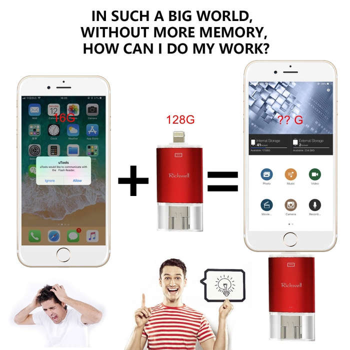 Richwell 3 in 1 16G Type-C + 8 Pin + USB 3.0 Metal Double Cover Push-pull Flash Disk with OTG Fun...