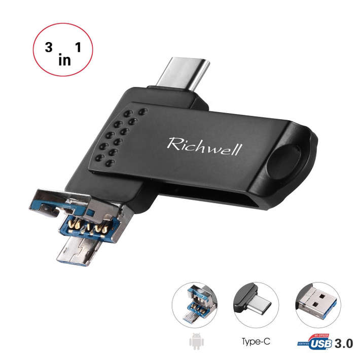 Richwell 3 in 1 32G Type-C + Micro USB + USB 3.0 Metal Flash Disk with OTG Function(Black)