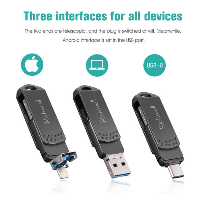 Richwell 128G Type-C + 8 Pin + USB 3.0 Metal Flash Disk with OTG Function(Black)