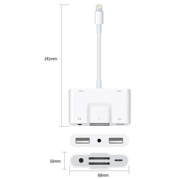 NK-1042 6 in 1 8 Pin Male to Dual USB + Dual SD Card + 3.5mm Audio Interface + 8 Pin Charging Int...
