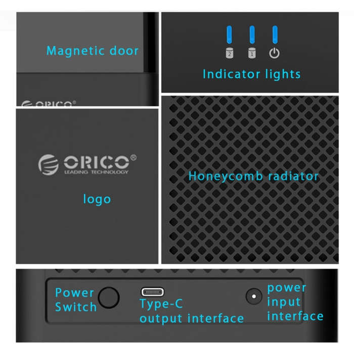 ORICO DS200C3 3.5 inch 2 Bay Magnetic-type USB-C / Type-C Hard Drive Enclosure with Blue LED Indi...