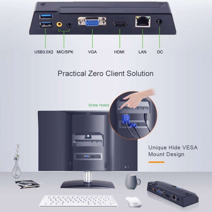 Zero Client R1W Mini PC, CORTEX QUAD A9 Quad Core up to 1.6GHz, RAM: 1GB, ROM: 8GB, Support WiFi,...