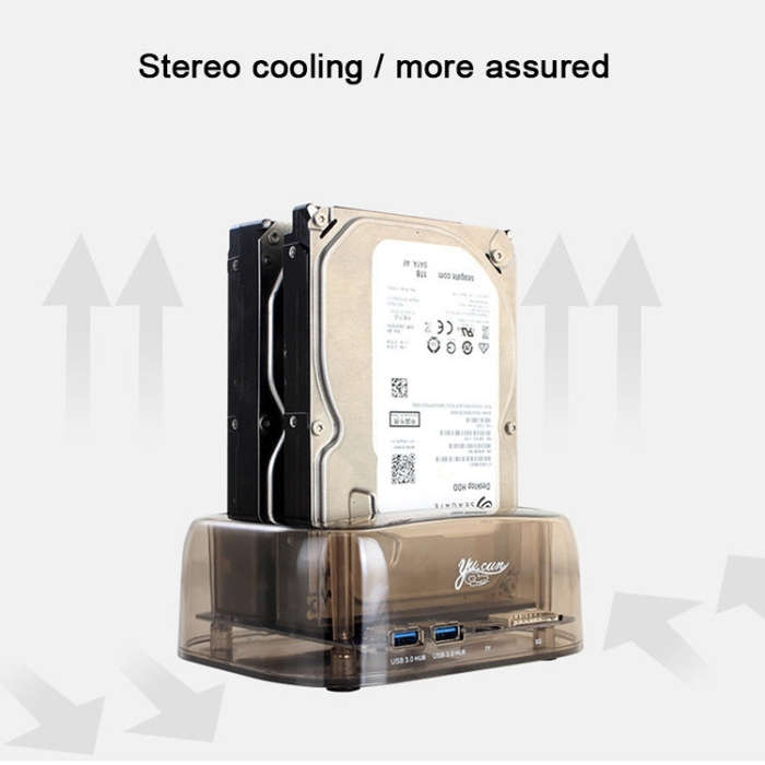 2.5 / 3.5 inch USB3.0 Dual SATA HDD Enclosure with HUB & OTB Function, The Maximum Support Capaci...