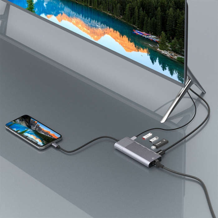 79591 6 in 1 8 Pin to RJ45 + HDMI + 8 Pin Charging + 3 USB 2.0 Ports Multifunctional HUB Converte...