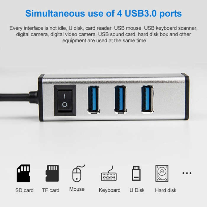 USB to 4 USB 3.0 Ports Aluminum Alloy HUB with Switch(Grey)