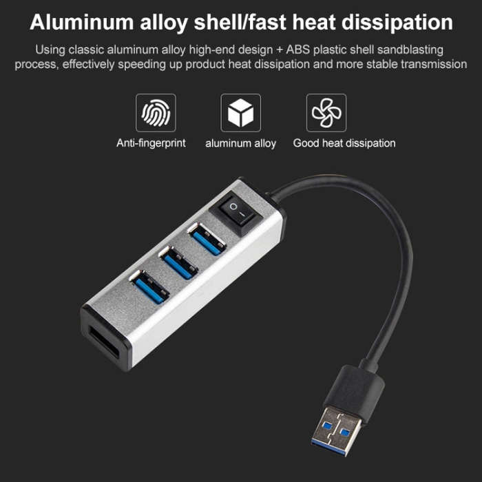 USB to 4 USB 3.0 Ports Aluminum Alloy HUB with Switch(Grey)