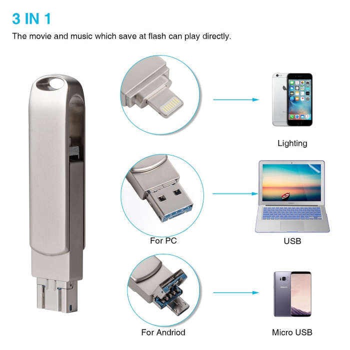 Richwell 3 in 1 128G Micro USB + 8 Pin + USB 3.0 Metal Rotating Push-pull Flash Disk with OTG Fun...