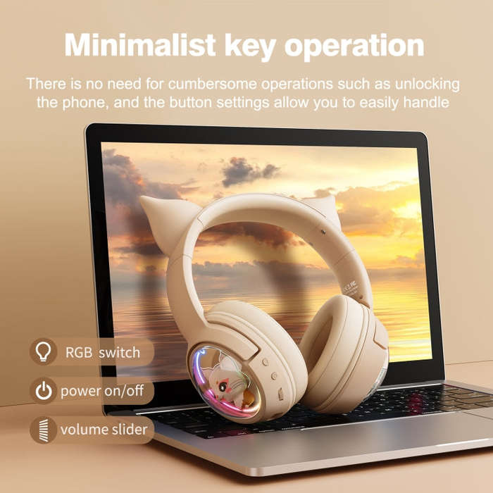 B5 Cat Ear Design USB-C / Type-C RGB Wireless Bluetooth HiFi Headset (Beige)