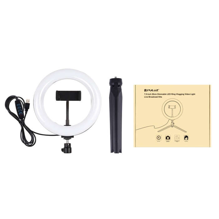 PULUZ 7.9 inch 20cm Light + Desktop Tripod Mount USB 3 Modes Dimmable Dual Color Temperature LED ...