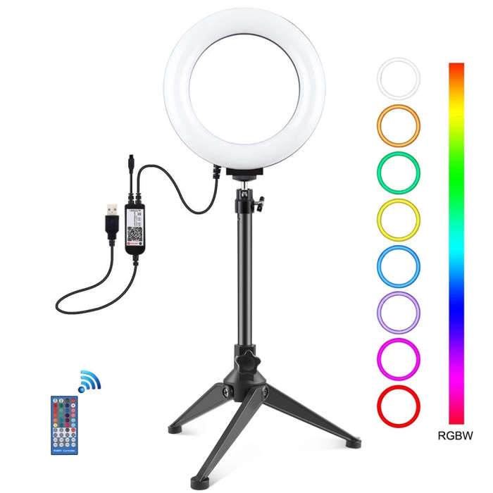 PULUZ 6.2 inch 16cm RGBW Light + Desktop Tripod Mount + USB Dimmable LED Ring Vlogging Photograph...