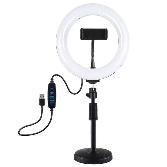 PULUZ 7.9 inch 20cm Light+ Round Base Desktop Holder USB 3 Modes Dimmable Dual Color Temperature ...
