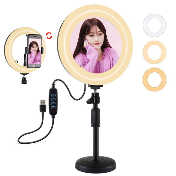 PULUZ 7.9 inch 20cm Mirror Light + Round Base Desktop Mount 3 Modes Dimmable Dual Color Temperatu...