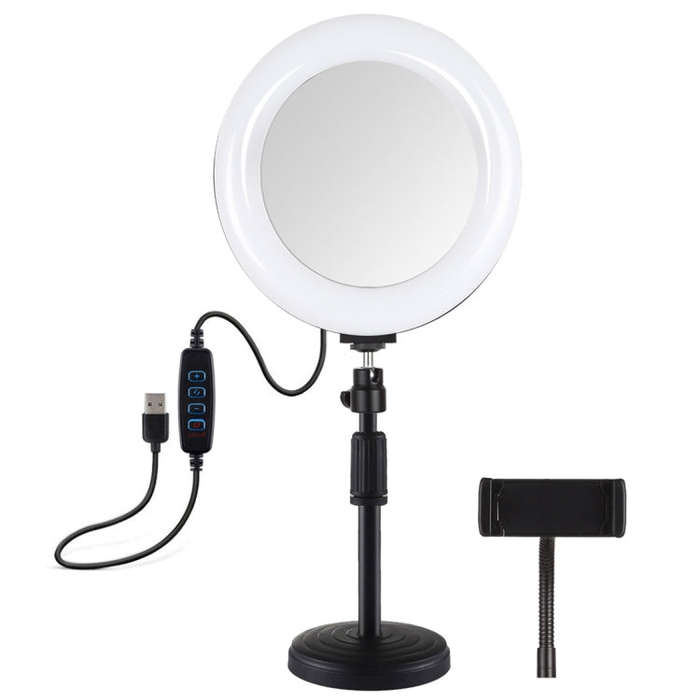 PULUZ 7.9 inch 20cm Mirror Light + Round Base Desktop Mount 3 Modes Dimmable Dual Color Temperatu...