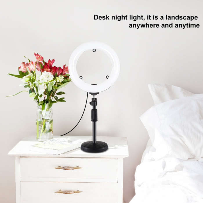 PULUZ 7.9 inch 20cm Mirror Light + Round Base Desktop Mount 3 Modes Dimmable Dual Color Temperatu...