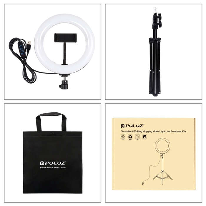 PULUZ 7.9 inch 20cm Light+ 1.1m Tripod Mount USB 3 Modes Dimmable Dual Color Temperature LED Curv...