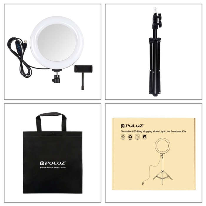 PULUZ 7.9 inch 20cm Mirror Light+ 1.1m Tripod Mount USB 3 Modes Dimmable Dual Color Temperature L...