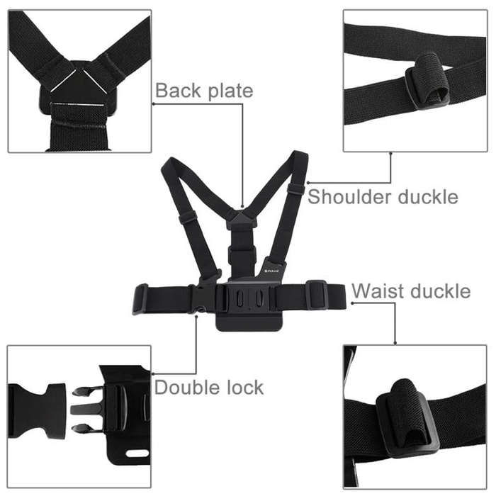 PULUZ Adjustable Body Mount Belt Chest Strap with J Hook Mount & Long Screw for GoPro, Insta360, ...