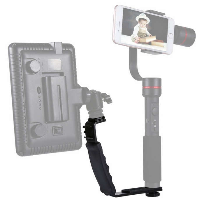 PULUZ L-Shape Bracket Handheld Grip Holder with Dual Side Cold Shoe Mounts for Video Light Flash,...