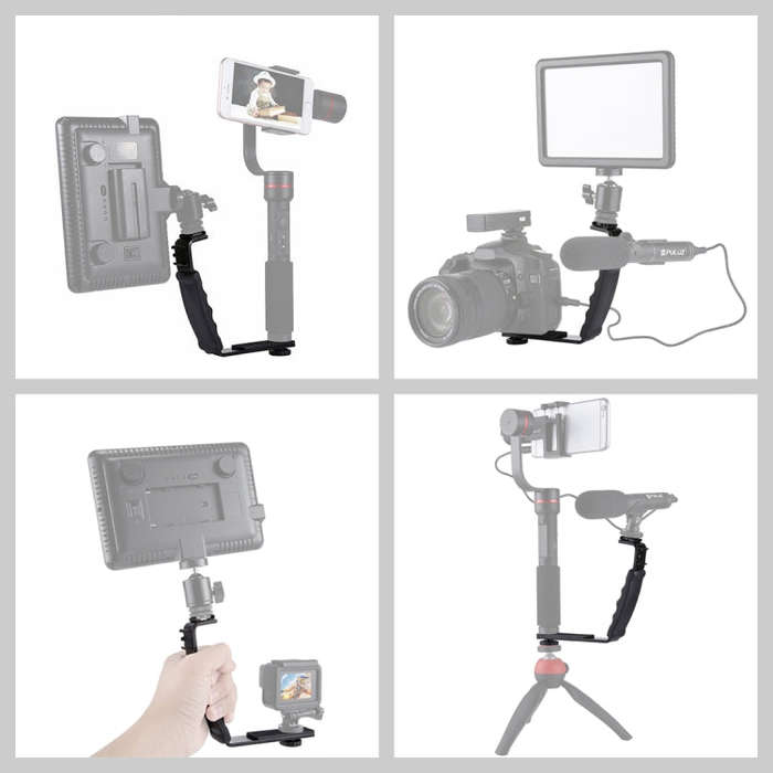 PULUZ L-Shape Bracket Handheld Grip Holder with Dual Side Cold Shoe Mounts for Video Light Flash,...