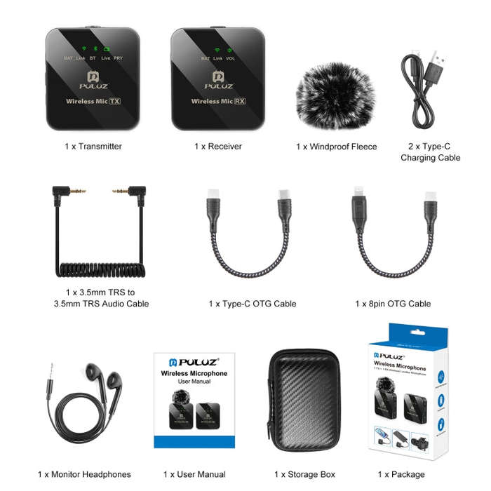 PULUZ 1 TX + 1 RX Wireless Lavalier Microphone (Black)