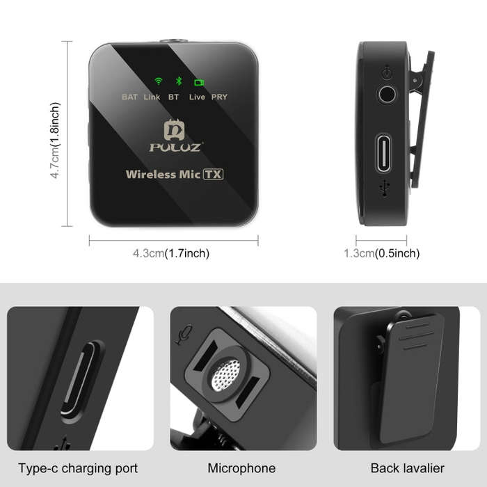 PULUZ 1 TX + 1 RX Wireless Lavalier Microphone (Black)
