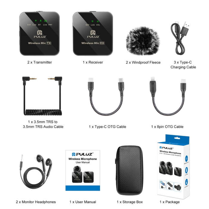 PULUZ 2 TX + 1 RX Wireless Lavalier Microphone (Black)