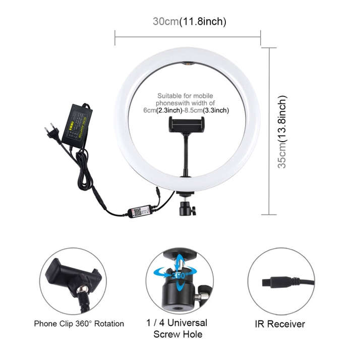 PULUZ 11.8 inch 30cm RGB Dimmable LED Ring Vlogging Selfie Photography Video Lights with Cold Sho...