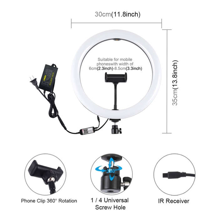 PULUZ 11.8 inch 30cm RGB Dimmable LED Ring Vlogging Selfie Photography Video Lights with Cold Sho...