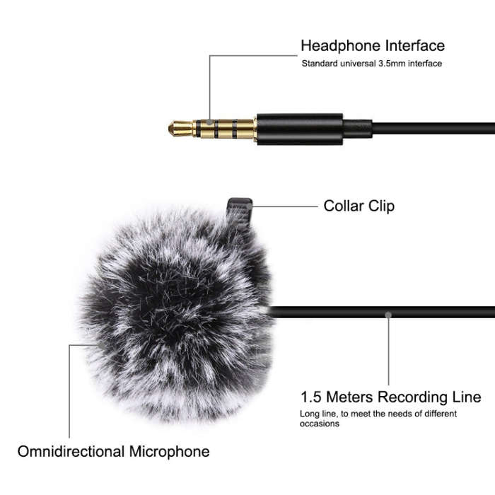 PULUZ 1.5m 3.5mm Jack Lavalier Wired Condenser Recording Microphone