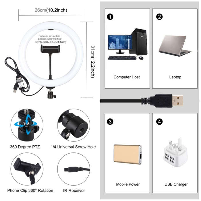 PULUZ 10.2 inch 26cm USB RGBW Dimmable LED Ring Vlogging Photography Video Lights with Tripod Bal...