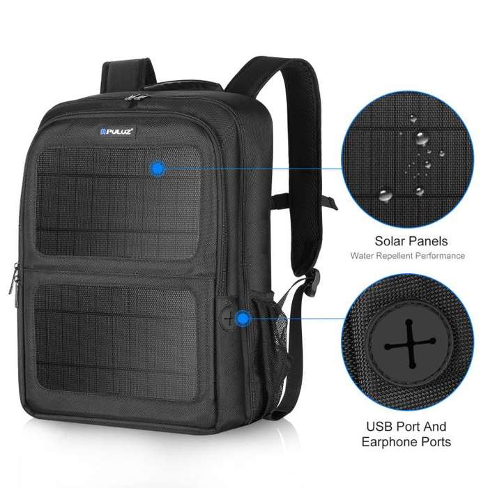 PULUZ 12W Solar Power Outdoor Portable Camera Dual Shoulders Backpack Laptop Bag (Black)