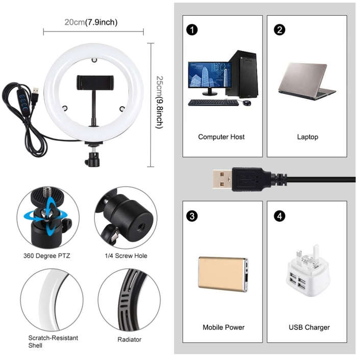 PULUZ 7.9 inch 20cm USB 3 Modes Dimmable Dual Color Temperature LED Curved Light Ring Vlogging Se...